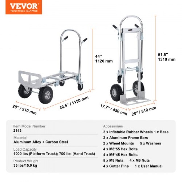 VEVOR Αλουμινένιο Καρότσι 2 σε 1, 1000 lbs, Βιομηχανικό Καρότσι & Πλατφόρμα  DGNSTHC1000BJ1CRXV0