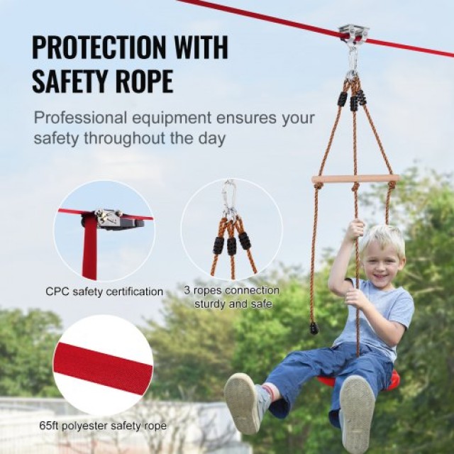 Σετ Zipline VEVOR 65 ft για Παιδιά & Ενήλικες, έως 500 lb, με Ζώνη Ασφαλείας, Κάθισμα & Χειρολαβή  SSHSTJ65YCNL00VV5V0