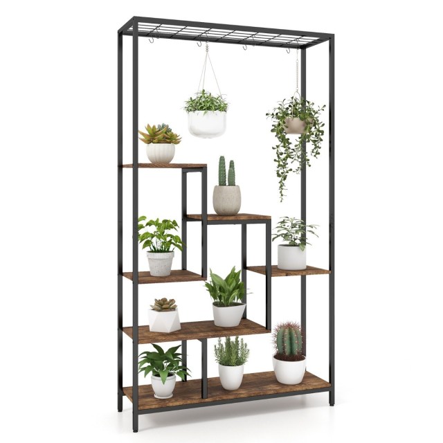 Costway βάση φυτών 6 επιπέδων 180 cm ράφι φυτών μέταλλο με 10 S-γάντζους μαύρο + ρουστίκ καφέ JV11392CF