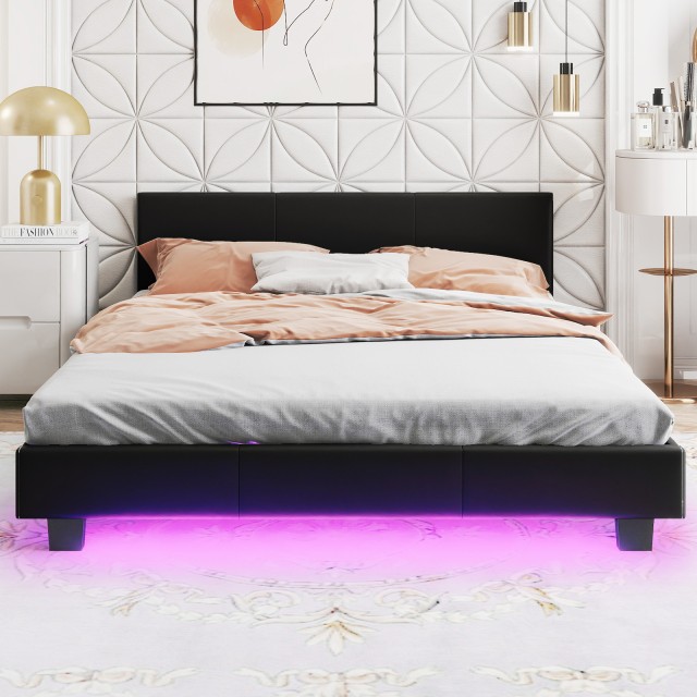 Costway Κρεβάτι 140 x 200 cm με LED Φωτισμό, Επενδυμένο Κρεβάτι με ...