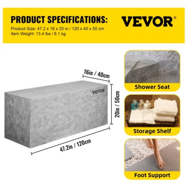 VEVOR  Πλακάκι Ντους Καθίσματος, 47.2 x 16 x 20 Έτοιμο για Πλακάκι, Αδιάβροχο & Στεγανό, 440 lbs Φορτίο, Ορθογώνιο Καθιστικό Ντους FSLYD48X16X20XC90V0