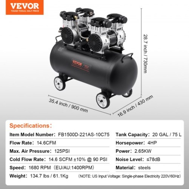 Φορητός Αεροσυμπιεστής VEVOR 20L 90 PSI  WYWSKYJ75L30L2754V2