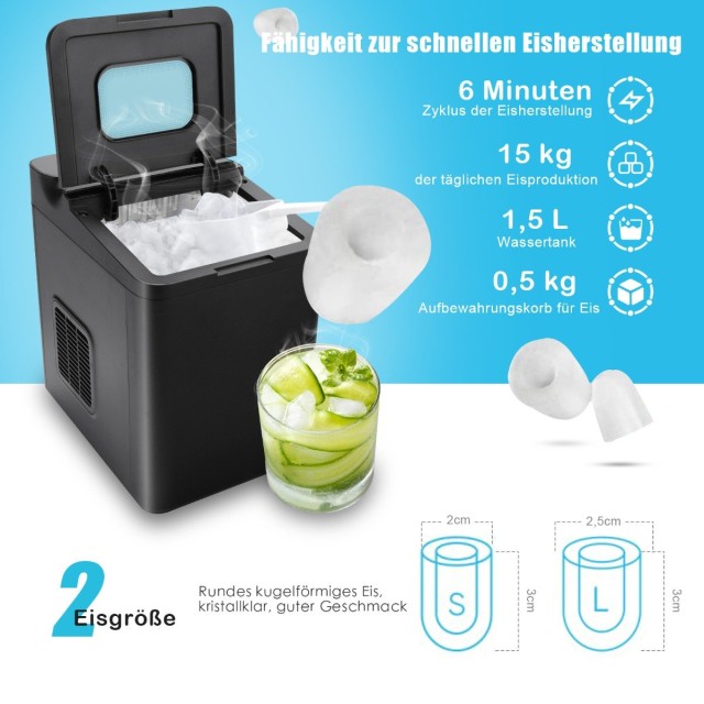 Costway  Συσκευή Παραγωγής Παγάκια με Δεξαμενή 1,5L και Καλάθι 0,5kg - Παραγωγή έως 15kg/ημέρα, Διπλή Επιλογή Μεγέθους Παγάκια, Αυτόματος Καθαρισμός ES10331DE-DK