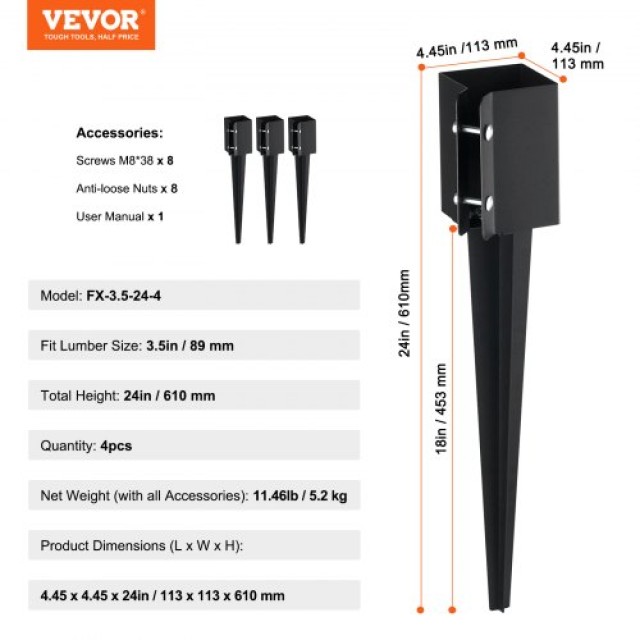 VEVOR Άγκιστρα Στύλων Φράχτη, Σετ 4, 24x4x4, Μεταλλικά Μαύρα για Ταχυδρομικό Κουτί & Κήπο  FXDD35YC24YCI2IY6V0