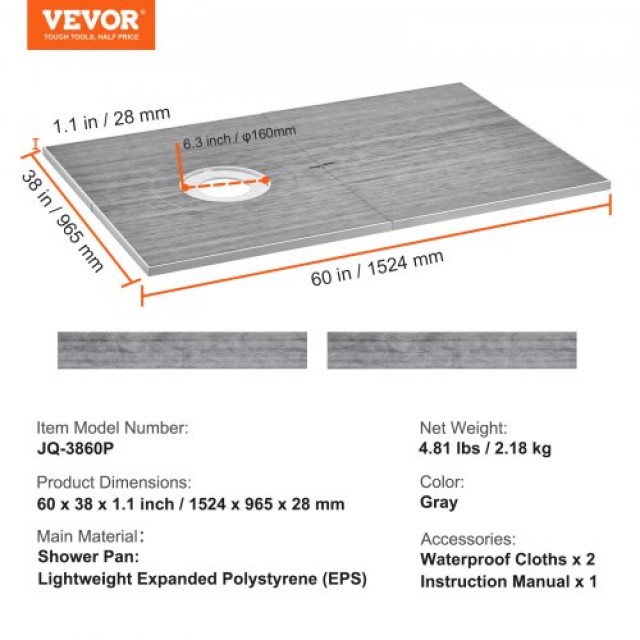 Σετ Ντουζιέρας VEVOR με Αποχέτευση 160mm, 1524x965mm  LYAZDB6038YCZLM8OV0