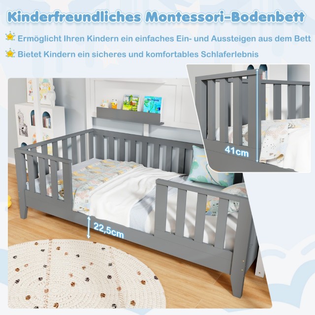 Costway Παιδικό Κρεβάτι Montessori 90 x 200 cm Σπιτάκι από Μασίφ Ξύ...