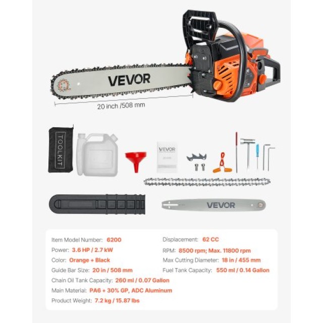 VEVOR Αλυσοπρίονο Βενζίνης 62cc 3.6 HP 20 ιντσών για Κοπή Ξύλου RQL...