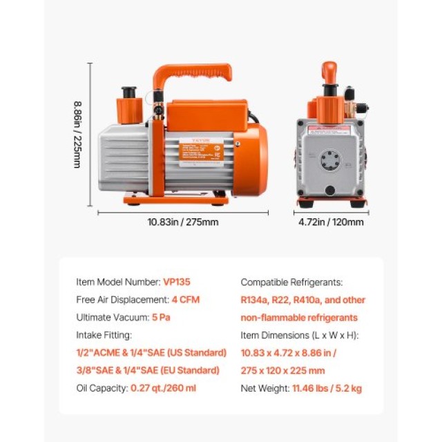 VEVOR Αντλία Κενού 4 CFM HVAC Μονοβάθμια Περιστροφική Αντλία Πτερυγίων με Συμπεριλαμβανόμενο Λάδι ZKBLJDJ13HP4ZR22YV2