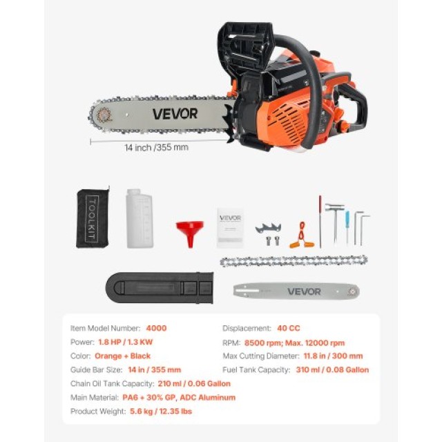 VEVOR Αλυσοπρίονο Βενζίνης 40cc 1.8 HP 14 ιντσών για Κοπή Ξύλου RQL...