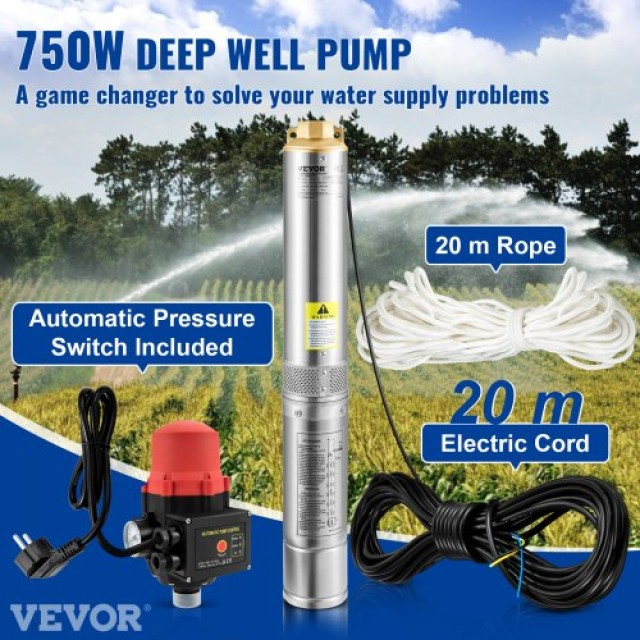 Υποβρύχια Αντλία VEVOR 750W, 230V, 105L/λεπτό, 62μ, 20μ Καλώδιο, Αυ...