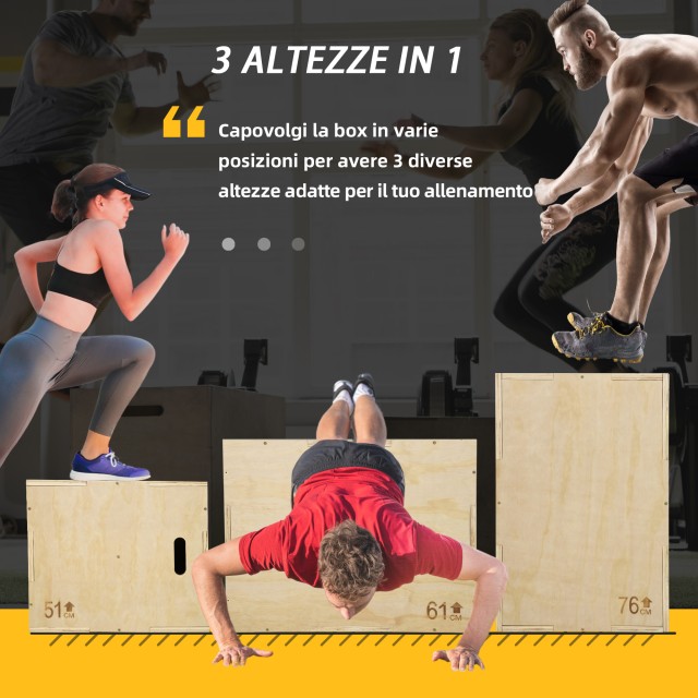 HOMCOM Ξύλινο Plyo Box σε 3 Ύψη, Plyometric Jumping Box Χωρητικότητα 120kg, 61x51x76cm A93-053V01
