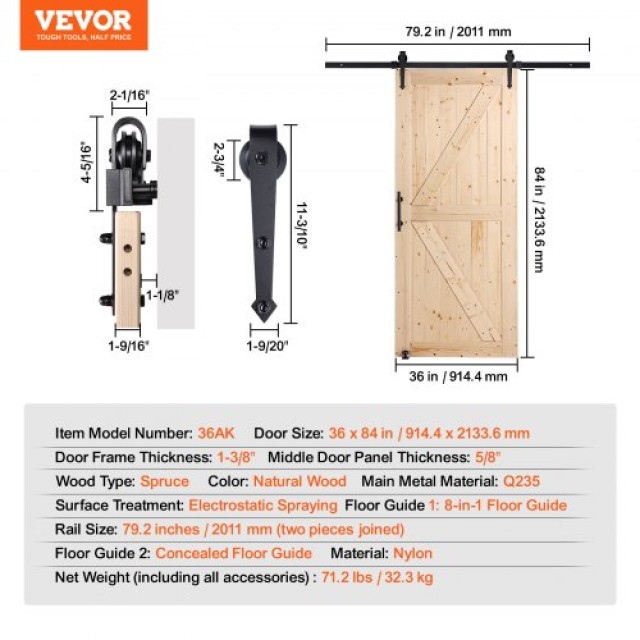 Σετ Ξύλινης Συρόμενης Πόρτας VEVOR 36 x 84  MZGCMTZYS368YNR6EV0
