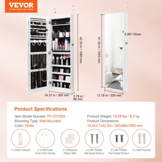 VEVOR Κρεμαστός Λευκός Καθρέπτης-Κοσμηματοθήκη 42.52in με Κλείδωμα ...
