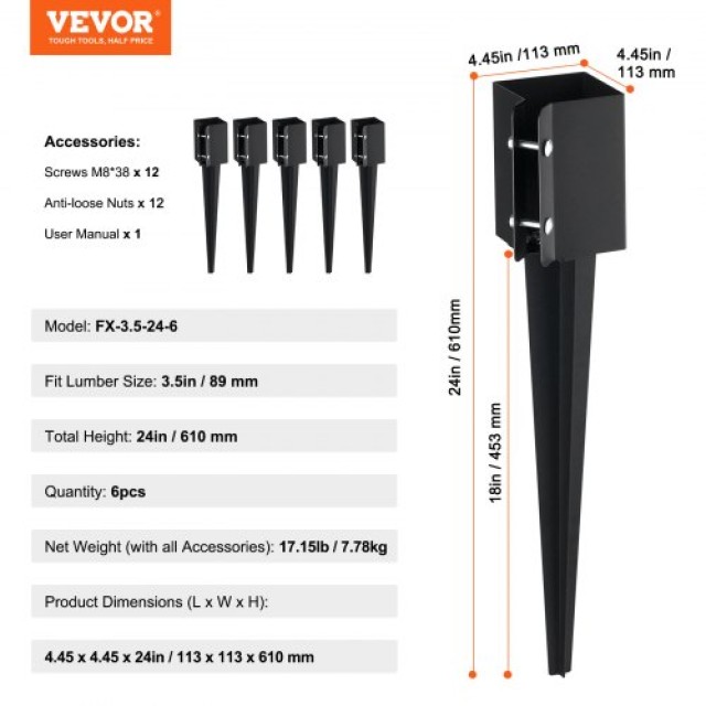 VEVOR Άγκιστρα Στύλων Φράχτη, 6τμχ, 24x4x4, Μεταλλικά Μαύρα για Ταχυδρομικό Κουτί & Κήπο  FXDD35YC24YCUQSQCV0