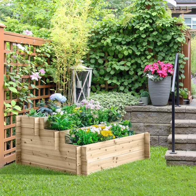 Outsunny 3 επιπέδων Spruce Wood Planter, Υπαίθριο υπερυψωμένο κουτί κήπου, 120x100x54cm 845-535