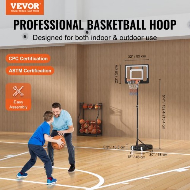 Ρυθμιζόμενη Μπασκέτα VEVOR 5-7 ft, Φορητό Σύστημα με Ρόδες και Βάση, 32 για Παιδιά & Ενήλικες  LQK32CKWDJ009EFGVV0