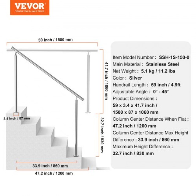 VEVOR  Κουπαστές 150cm για Εξωτερικές Σκάλες για Ηλικιωμένους BXGSLZFS150CEE3Y3V0