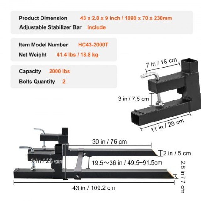 Περόνες Παλετών VEVOR 2000 lbs, 43 με Ρυθμιζόμενη Μπάρα Σταθεροποίησης για Τρακτέρ  HCS43INCH20006W25V0