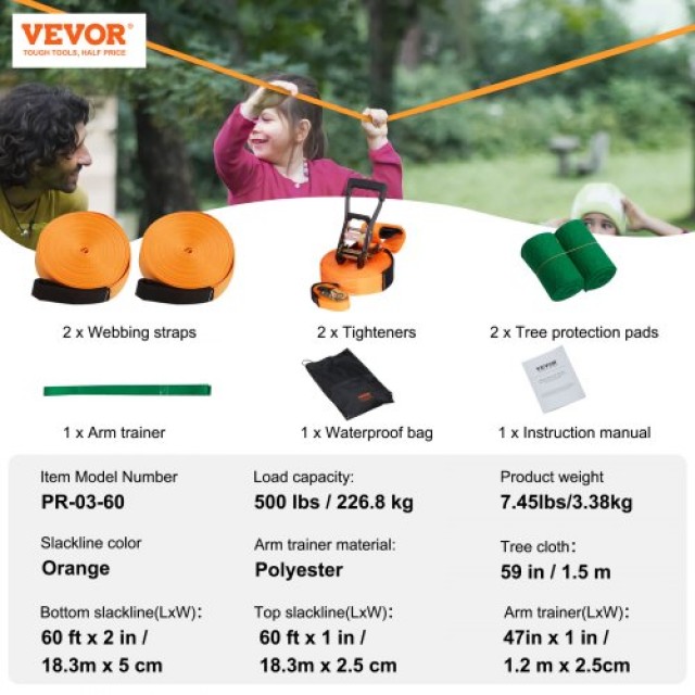 VEVOR  Σετ Σλάκλαϊν 60 ft με Γραμμή Εκπαίδευσης, Προστατευτικά Δέντρων, Τσάντα Μεταφοράς και Οδηγίες SCXTJ60YCSBX8AGABV0