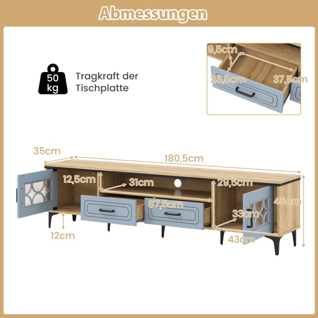 Costway Μπλε Μπαμπού Lowboard TV Schrank με 2 Συρτάρια & 2 Πόρτες γ...