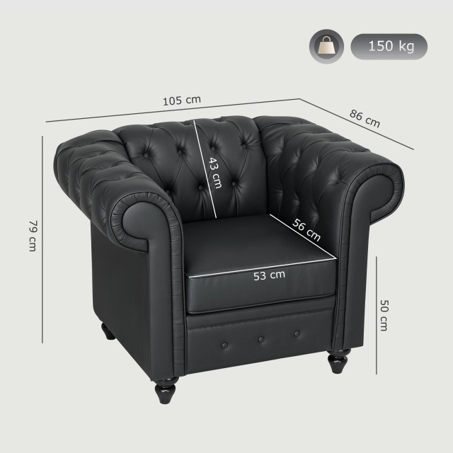 HOMCOM Πολυθρόνα Σαλονιού Στυλ Chesterfield από Συνθετικό Δέρμα PU με Ξύλινα Πόδια, Μαύρο 83B-244V00BK