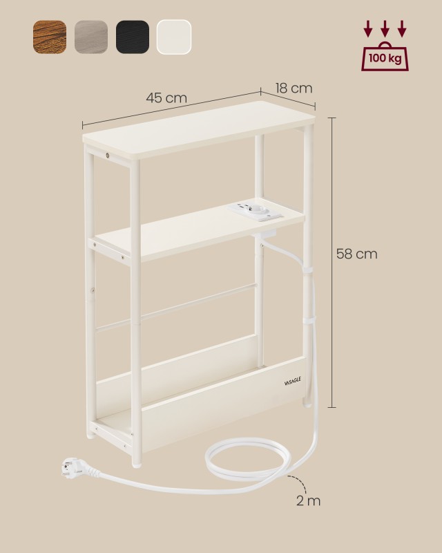 VASAGLE Κομοδίνο 45x18x58cm με 3 επίπεδα, ενσωματωμένη πρίζα και USB, κρεμ λευκό χρώμα LET335W02