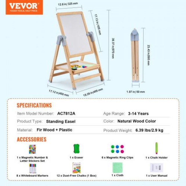 VEVOR  Παιδικός Διπλής Όψης Πίνακας Ζωγραφικής Μαγνητικός Ξύλινος  ...