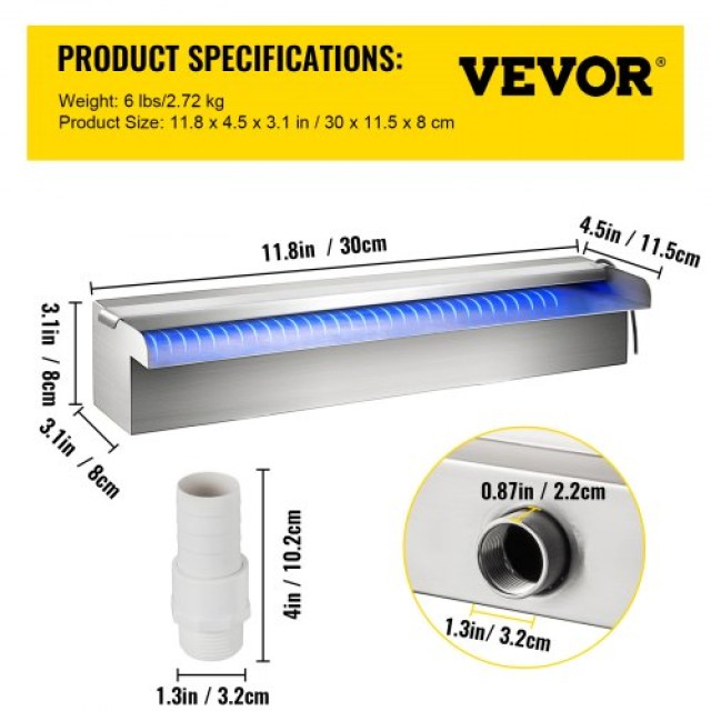 VEVOR LED Καταρράκτης Πισίνας Ανοξείδωτος 30x11.5x8 εκ.  PQSBJPJSWLED30001V2