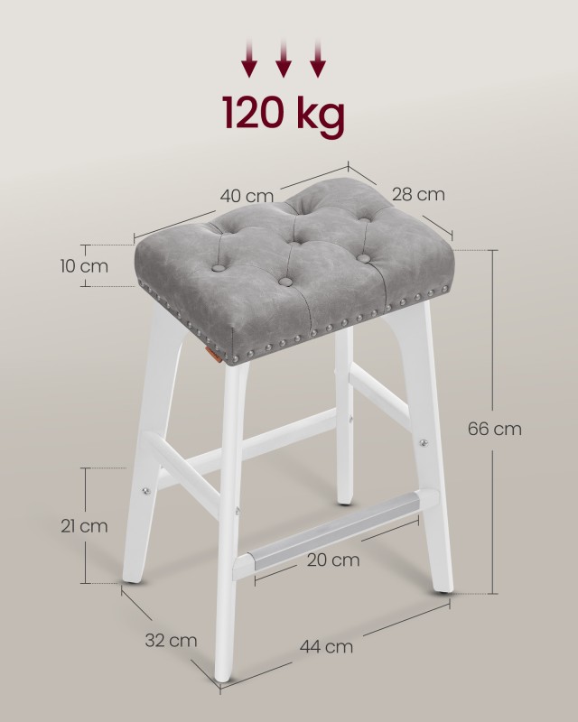 Σετ 2 Σκαμπό VASAGLE, 66cm, Ξύλινα Πόδια, Δερμάτινα, Γκρι 