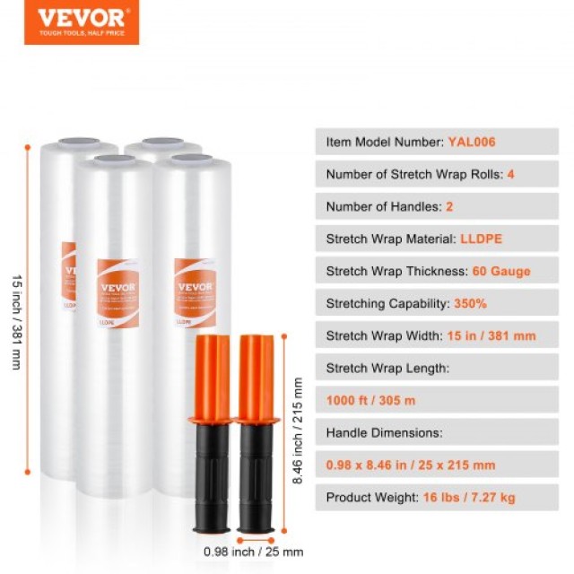 VEVOR Διάφανη Μεμβράνη Συσκευασίας 15x1000, 4τμχ, 60 Gauge με Λαβές  LSM15INCH100J0D51V0
