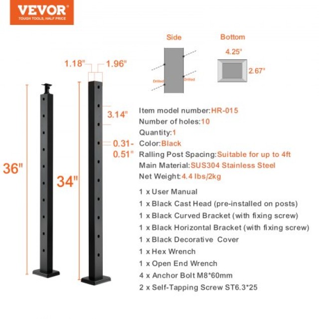 Κολόνα Κάγκελου VEVOR 36x1x2in 30° Μαύρη 1τμχ  1JZLGZHS91424HS5GV0