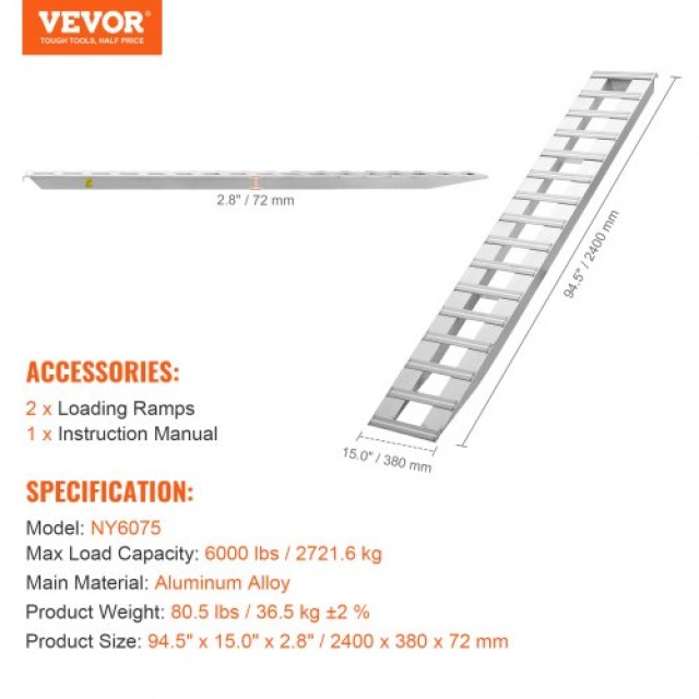 Σετ 2 Αλουμινένιες Ράμπες VEVOR 94x15 6000 LBS  LJSL94X15INCUUEWUV0