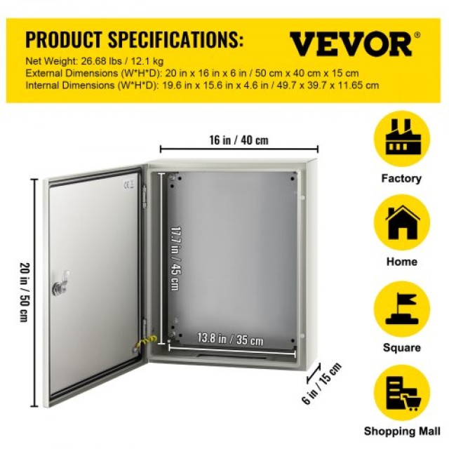 VEVOR NEMA Χαλύβδινο Κουτί 20x16x6 IP66 Εξωτερικού/Εσωτερικού Χώρου  DQXJSTCFS50X40X15V0