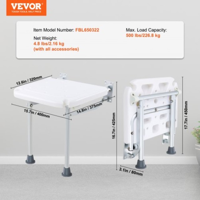 VEVOR  Πτυσσόμενο Κάθισμα Ντους 40x38cm Τοίχου 227kg  SLKPEZCTWKB16...
