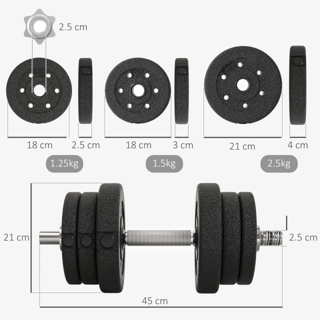 HOMCOM Σετ Μαύρων Αλτήρων 25kg με 12 Δίσκους και 2 Μπάρες 2kg A91-1...