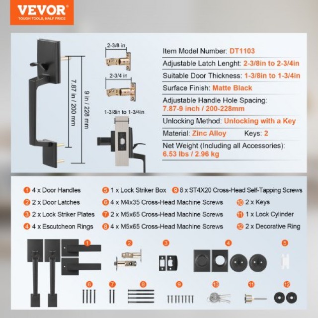 Σετ Χειρολαβών Διπλής Πόρτας VEVOR, Μαύρο Ματ, για Εξώπορτα ή Γραφείο  SMSBYGHDSFXLKVAWEV0