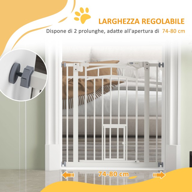 PawHut Dog Gate για Μικρά και Μεσαία Μεγέθη με Αυτόματο Κλείσιμο, σε Ατσάλι και PA, 74-80x76 cm, Λευκό D06-212V00WT