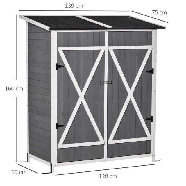 Outsunny Garden Shed Ξύλινη Εργαλειοθήκη, Διπλή Πόρτα με Κλειδαριά και Αποσπώμενο Τραπέζι, 139x75x160cm, Γκρι 845-353V01