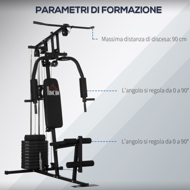 HOMCOM Fitness Station με βάρη 45kg για οικιακή και επαγγελματική προπόνηση, Πολυλειτουργικό Steel Gym, 135x103x210cm, Μαύρο A91-176
