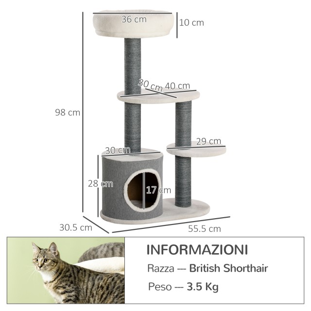 PawHut Cat Tree με κρεβάτι, σπίτι και στύλο, 55,5x30,5x98 cm, λευκό D30-621V00WT