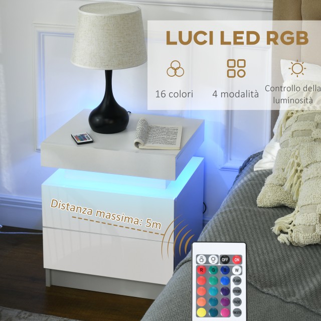 Κομοδίνο HOMCOM με φως RGB LED και 2 συρτάρια, 4 λειτουργίες φωτισμού και 16 χρώματα, 45x35x52cm, Λευκό 831-651V90WT