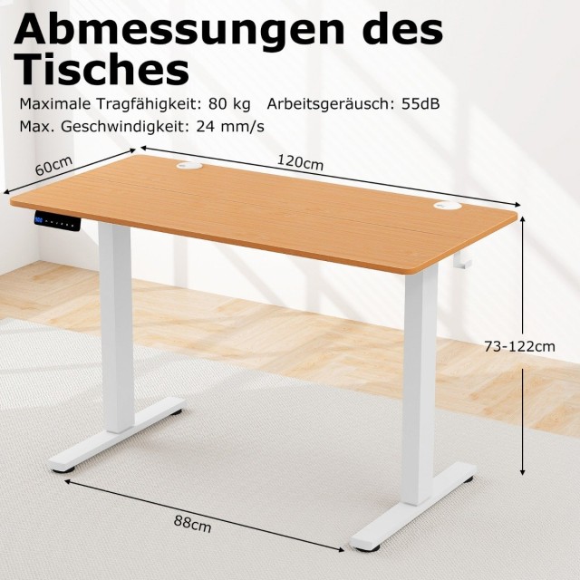 Costway Ηλεκτρικό ρυθμιζόμενο γραφείο 120 x 60 cm, γραφείο όρθιας θέσης, φυσικό ρουστίκ + λευκό CB10607DE-NA