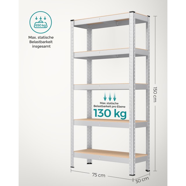 Ράφι SONGMICS 5 Επιπέδων, Χωρίς Βίδες, 650 kg, 30x75x150 cm, Ασημί 