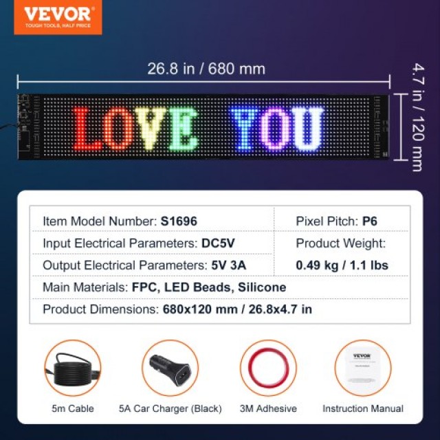 Προγραμματιζόμενη LED Πινακίδα VEVOR 68x12cm P6 Πλήρους Χρώματος  RXGDBZP27X5IHAZHIV9