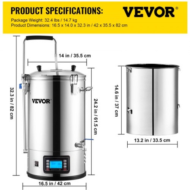 Σύστημα Ζυθοποίησης VEVOR 8L, 220V, με Αυτόματο/Χειροκίνητο Πίνακα ...
