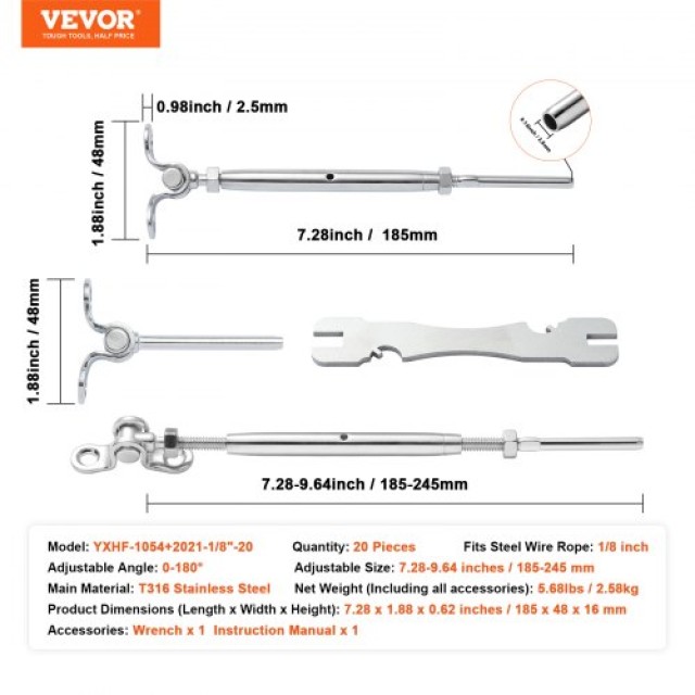 Σετ Καλωδίων VEVOR T316 για Ξύλινα Κάγκελα, 3.2mm, 20τμχ  LSKYS20J1800TOVAYV0