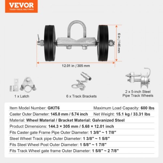 VEVOR Σετ Συρόμενης Πύλης με Ροδάκια 6” για Σύνδεση Ραγών Μέγιστο Βάρος 600 Λίβρες HLHMWJTJJLS0FDMU6V0