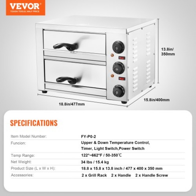 Ηλεκτρικός Φούρνος Πίτσας VEVOR 12 με Ρυθμιζόμενη Θερμοκρασία και Χρονοδιακόπτη  CLMDRPSLSCSXXHD6UV2