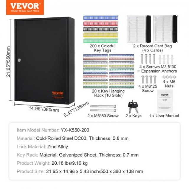 Ντουλάπι Κλειδιών VEVOR 200 Θέσεων με Ρυθμιζόμενα Ράφια & Χρωματιστ...