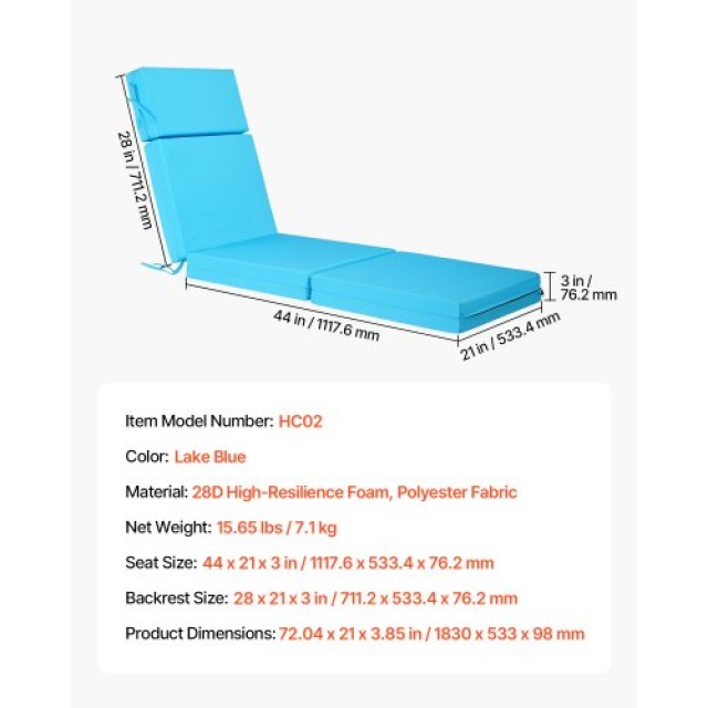 VEVOR Σετ 2 Εξωτερικών Μαξιλαριών Ξαπλώστρας 72 x 21 in Αδιάβροχα, ...